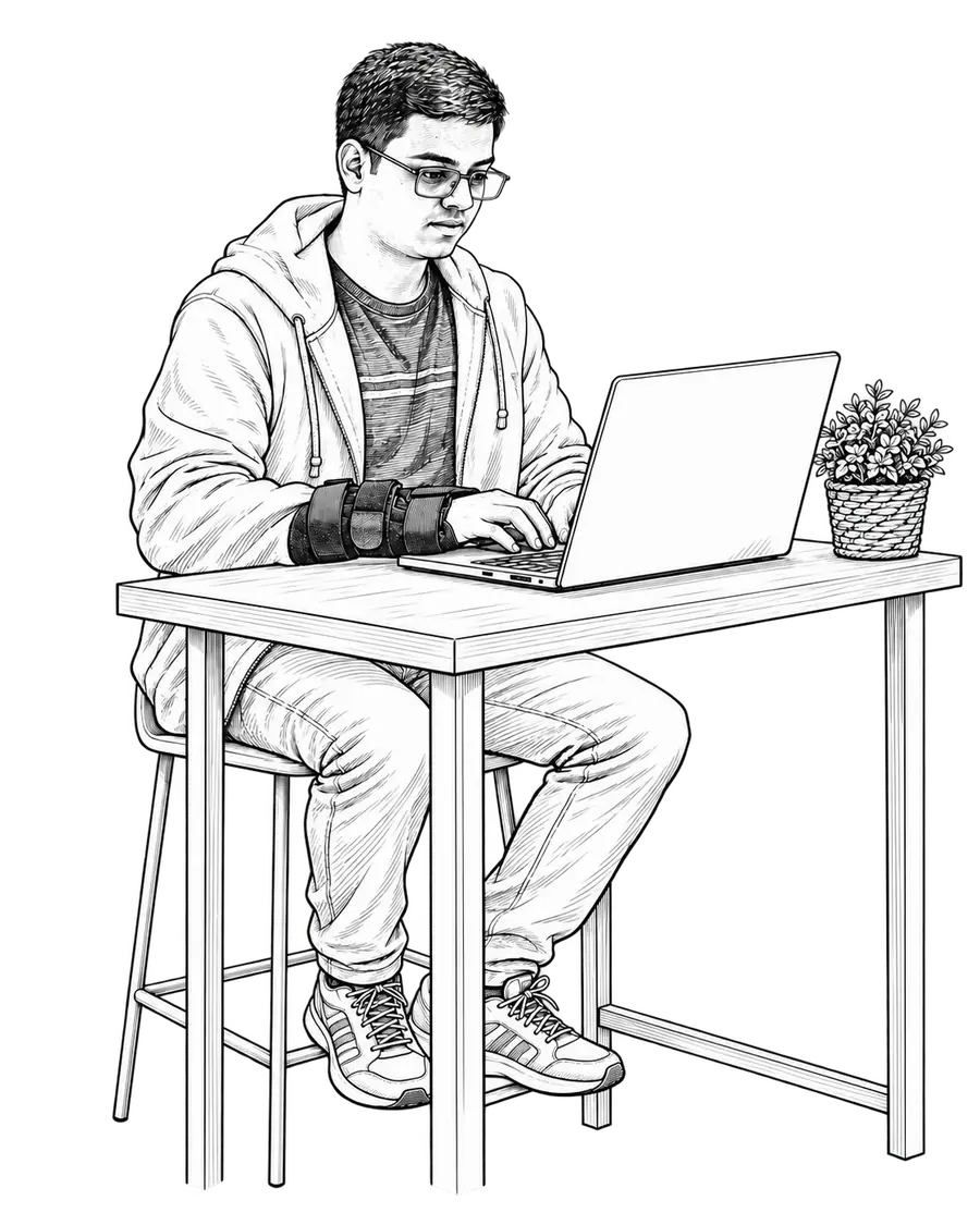 Sketch of Arjun coding at a laptop